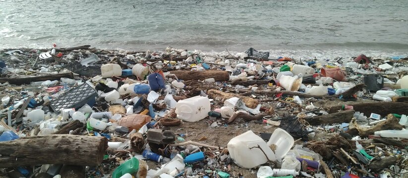 На берегу валяются пакеты, бытовой хлам и прочий мусор.