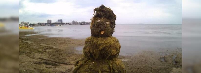 В Анапе на пляже слепили снеговика из водорослей: прохожие сняли на видео необычную скульптуру