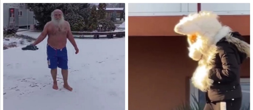 «Чудики» Черноморского побережья: в Анапе девушка гуляет в маске невиданного зверя, в Кабардинке – мужчина босиком танцует на снегу