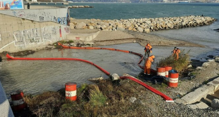 В Новороссийске сотрудники Морской службы спасения чистят воду от загрязнений