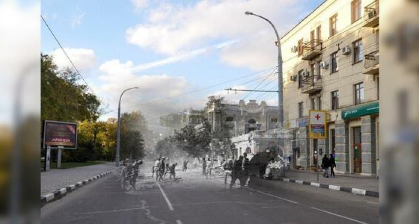 Назад в 1943 год: фотохудожник наложил на изображения современных улиц Новороссийска сцены Великой Отечественной войны