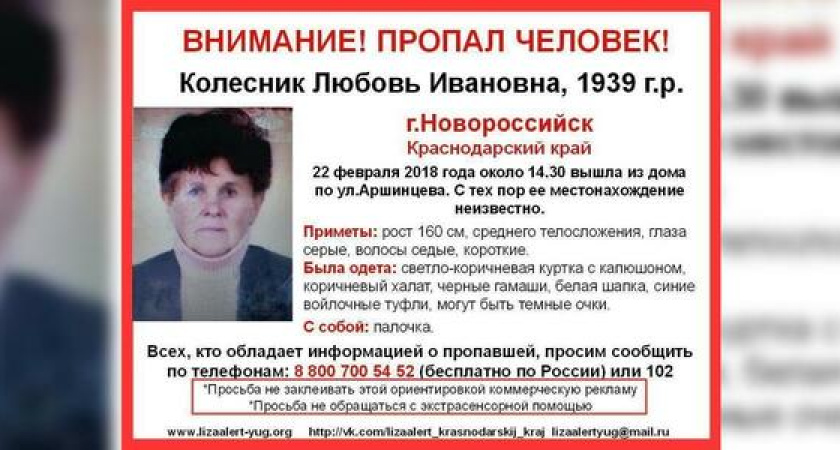 К поискам пропавшей в Новороссийске 78-летней пенсионерки подключились волонтеры «Лиза Алерт»