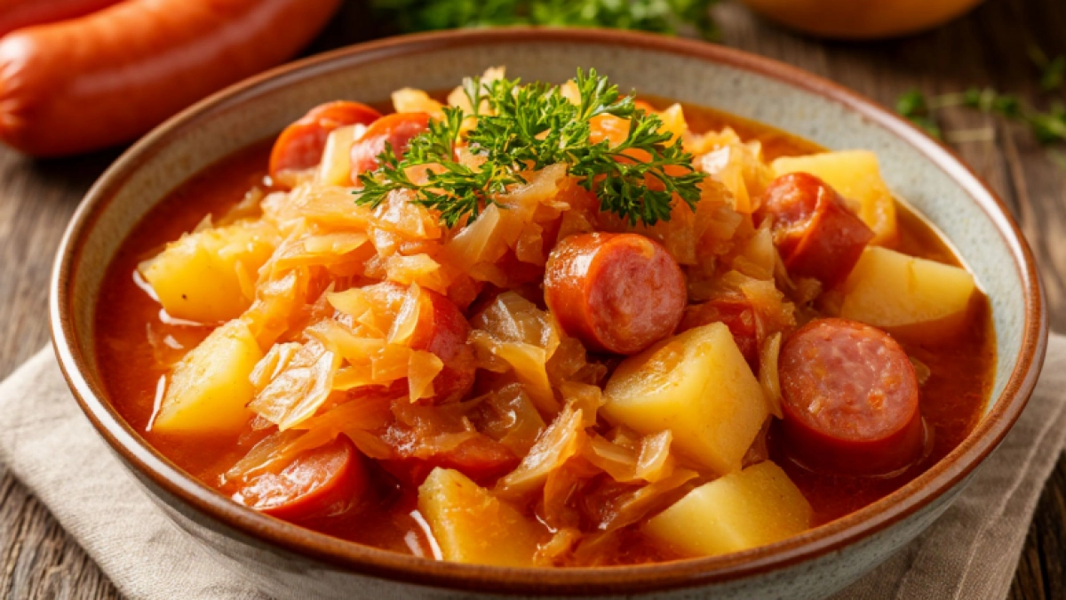 Капусту тушу с картошкой и колбасками — получается сытный ужин, как в Германии