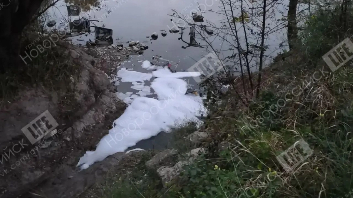 В Южные пруды Новороссийска мощным потоком хлещет пена 