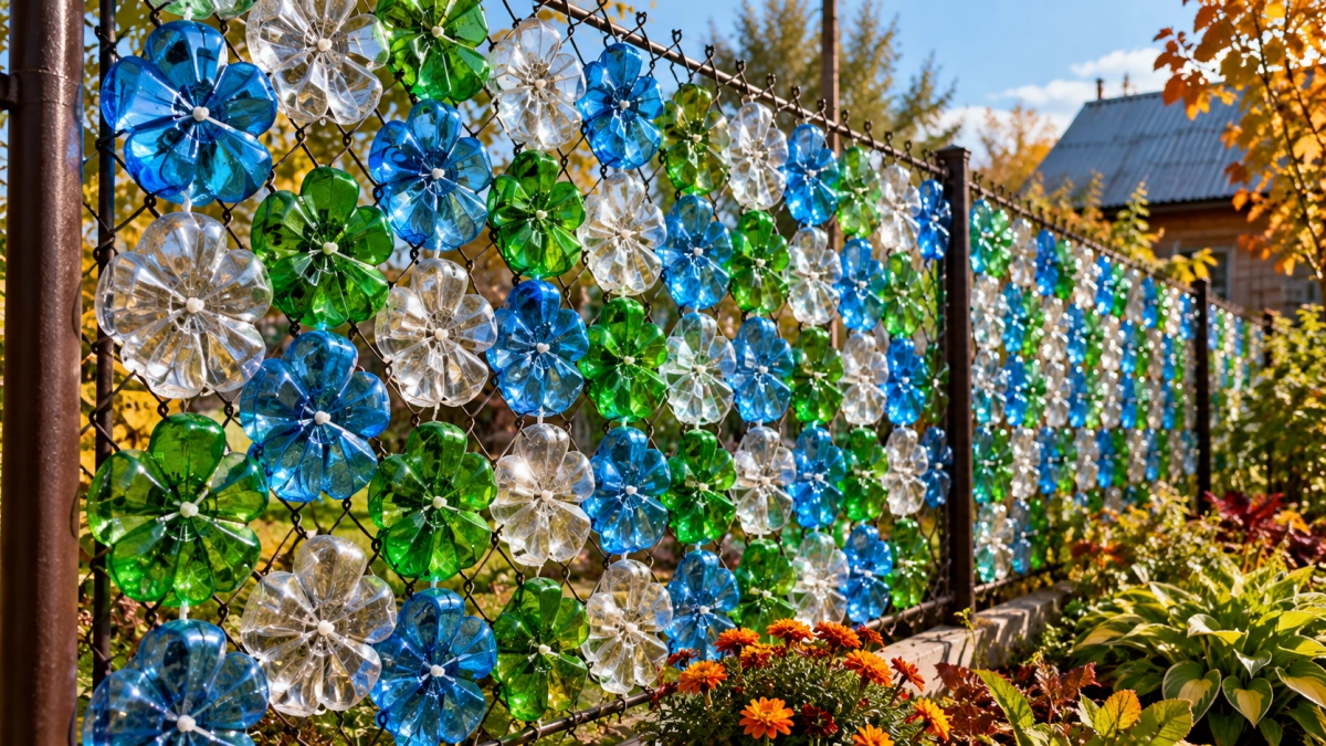 Донышки от пластиковых бутылок больше не выбрасываю: собираю «цветочный» забор — свет пропускает, а участок от глаз прячет